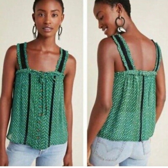 Anthropologie Bardot Blouse Boho Print Crochet Button Front Sleeveless Swing Top - Picture 1 of 8